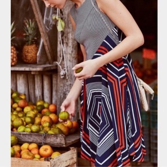 Anthropologie Maeve Cameron Navy Orange Asymmetrical Striped Dress Size Small - Picture 3 of 15